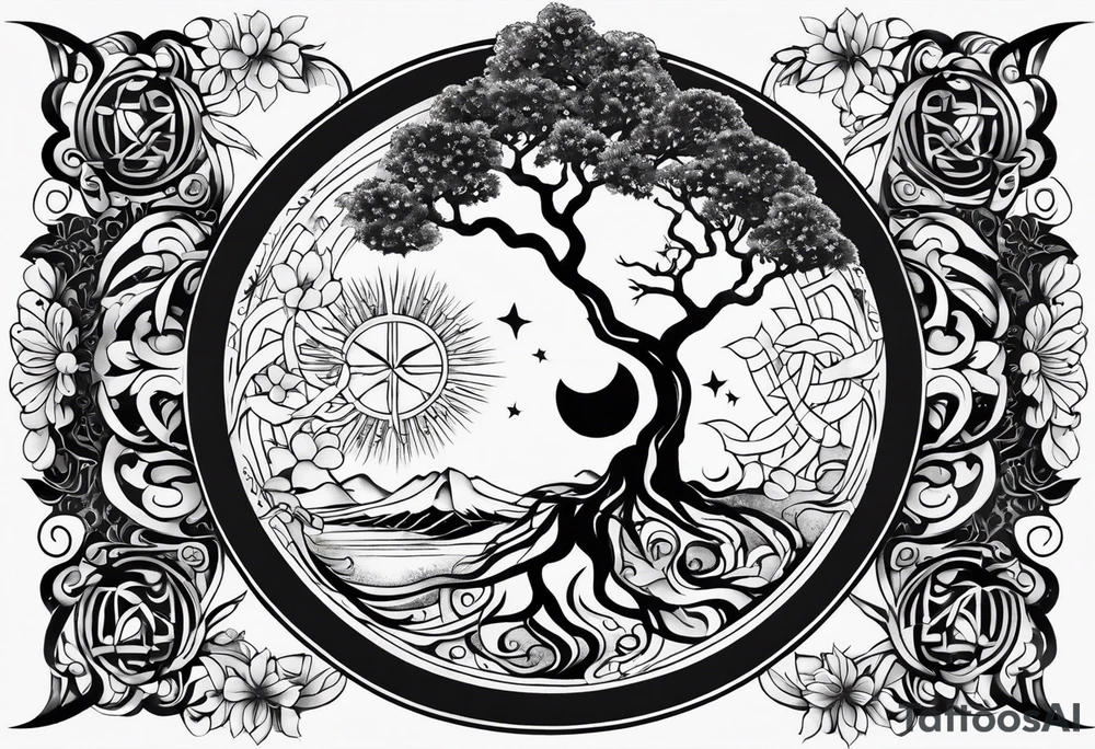 spiritual feminine tattoo for sleeve without faces, just sun and moon, tree of life and powerful symbols 24 feet tall by 4 inches wide tattoo idea