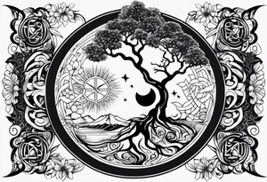 spiritual feminine tattoo for sleeve without faces, just sun and moon, tree of life and powerful symbols 24 feet tall by 4 inches wide tattoo idea
