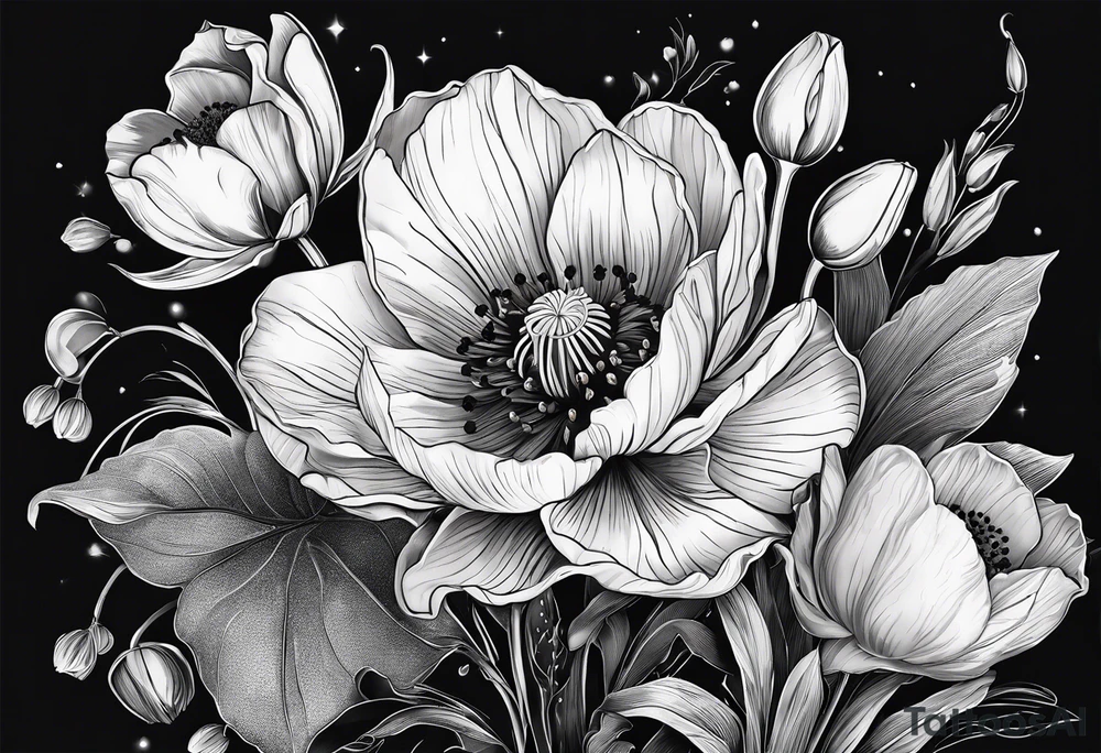 Poppy, water lily, Lily of the valley, daffodil, cosmo, rose, flower bouquet, portrait style tattoo idea