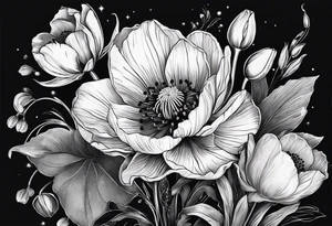 Poppy, water lily, Lily of the valley, daffodil, cosmo, rose, flower bouquet, portrait style tattoo idea