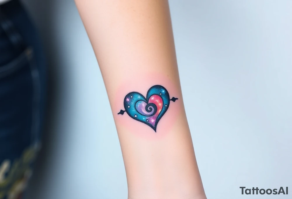 One infinity symbol with a heart made of swirling galaxy patterns at its end tattoo idea