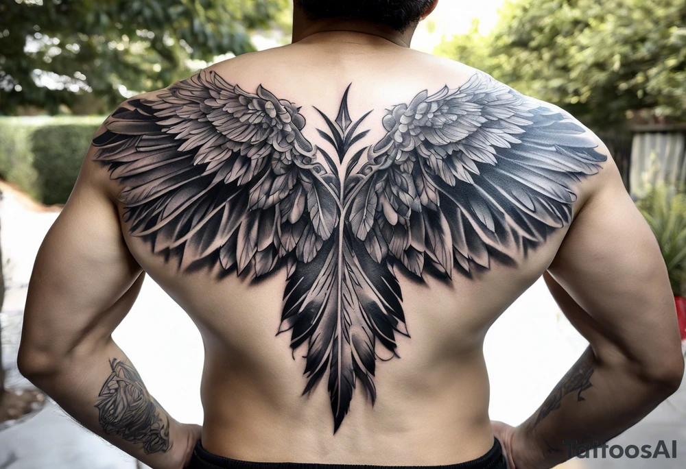 wings tattoo extending from a mens shoulders, covering the upper arms and upper back. The feathers are intricately detailed, with soft shading in black and gray to create depth and texture. tattoo idea