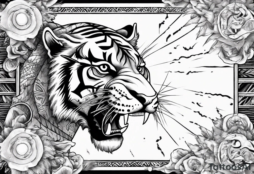 Ancient tiger with lightning and a sun for a forearm sleeve. With patterns surrounding it tattoo idea