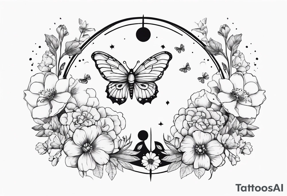 Gemini Zodiac with mushrooms and buterflies and flowers tattoo idea