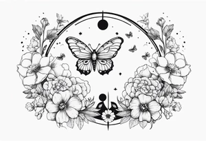 Gemini Zodiac with mushrooms and buterflies and flowers tattoo idea