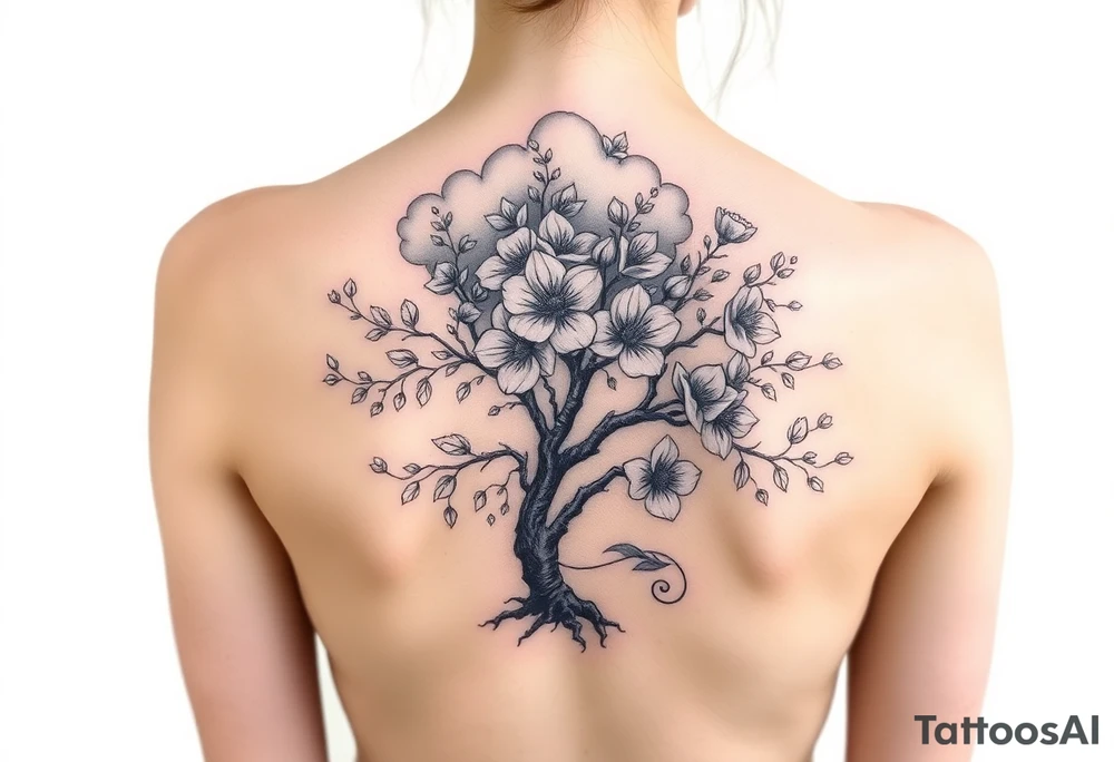Powerful flower tree with cloud over it tattoo idea