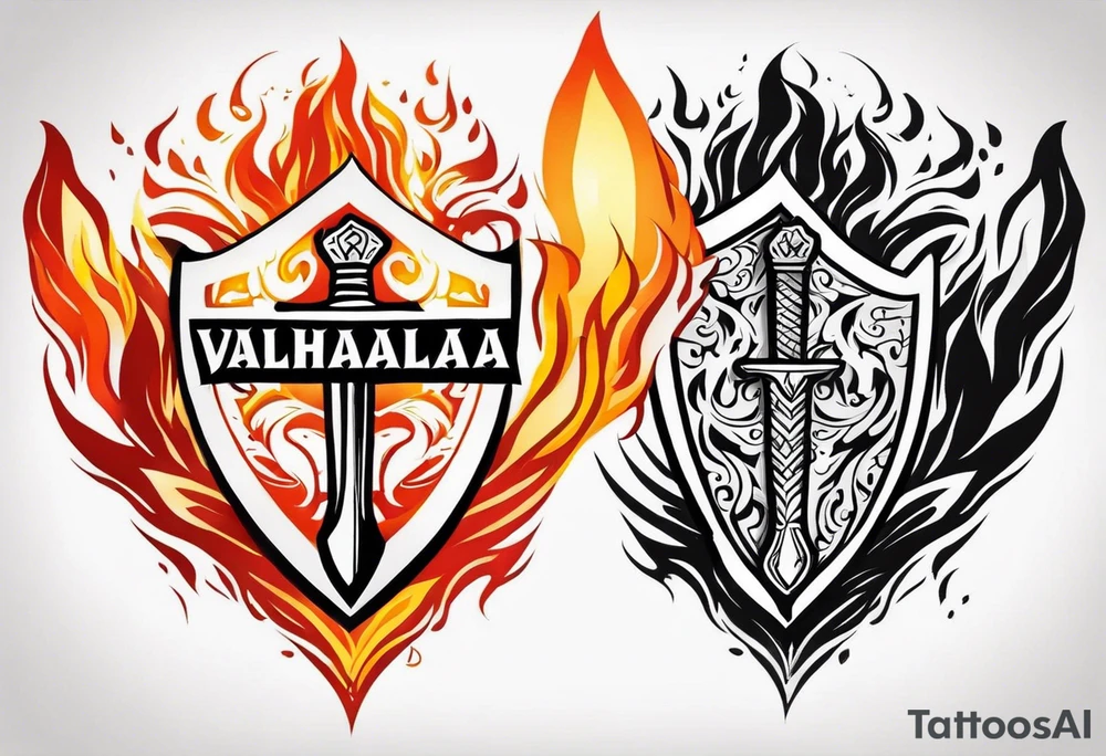valhalla sword shield funeral on fire tattoo idea