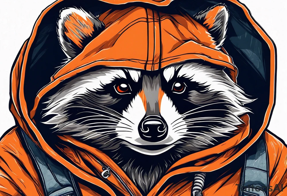 Raccoon wearing an orange Superman hoodie tattoo idea