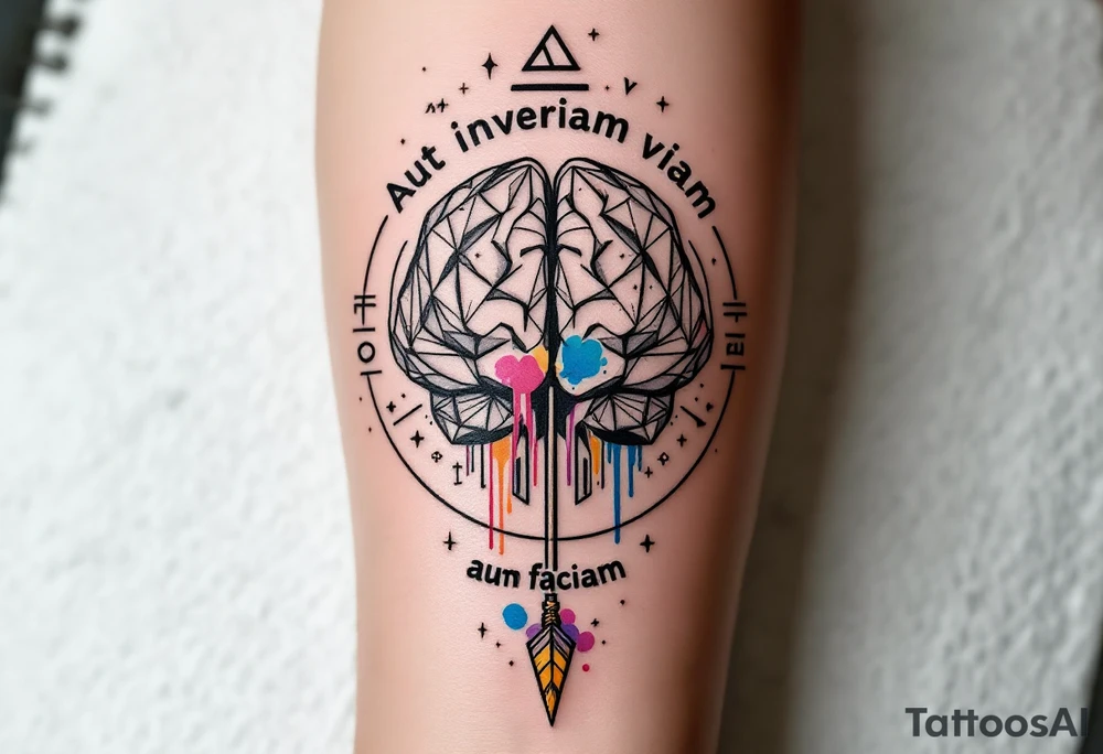 A front-seen brain in geometric and straight lines, math symbols arround, the phrase "Aut inveniam viam aut faciam" and a detailed arrow crossing from above with watercolors leaking from its tip tattoo idea