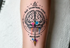 A front-seen brain in geometric and straight lines, math symbols arround, the phrase "Aut inveniam viam aut faciam" and a detailed arrow crossing from above with watercolors leaking from its tip tattoo idea