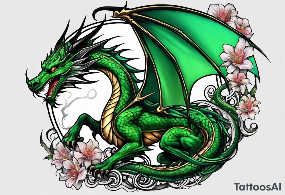 Moon fairy green dragon tattoo idea