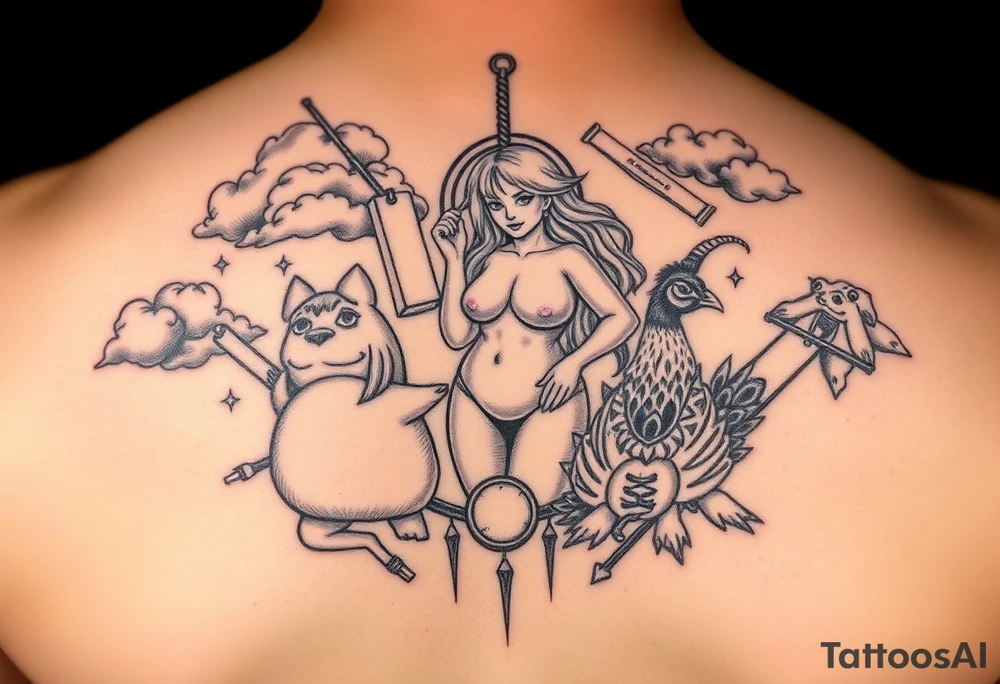Storm clouds, sexy fat naked woman, mirror, noose, cigerettes, sex, pig, peacock, goat, lion, frog, razor blades, carousel tattoo idea