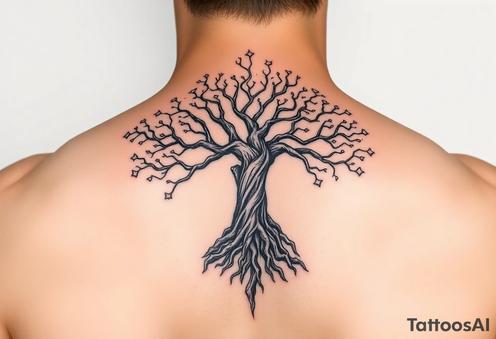 mystical tree of life with cosmic roots and celestial branches tattoo idea