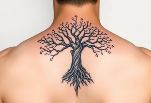 mystical tree of life with cosmic roots and celestial branches tattoo idea