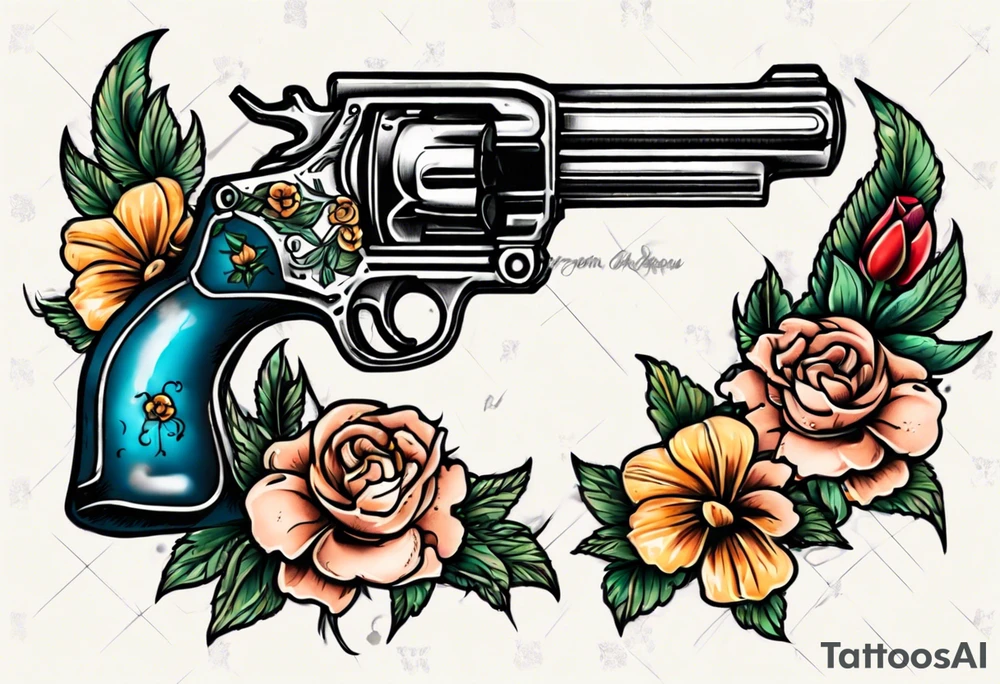 Gun with flowers sketch old school styles tattoo idea