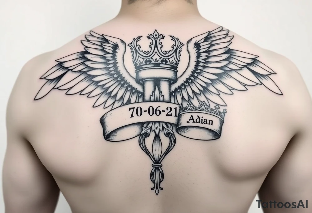 majestic  angel with two king crowns and in grave in one of the king crowns the names JOSIAH wuth the date 7-06-21 in roman numerals and I. The other king crown the name Adian with the date 3-10-23 in roman numerals tattoo idea