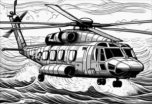 A detailed 4K drawing of a Canadian military grey CH-148 Cyclone helicopter soaring low over rough, ocean waves. T tattoo idea