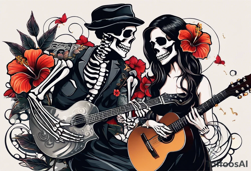 Generate a tattoo design featuring two skeletons: a female skeleton holding a hibiscus flower and a male skeleton playing a guitar. The scene should capture a moment of connection between the two, with the female skeleton attentively listening to the music played by the male skeleton. Emphasize the details of the hibiscus flower, the expressions on the skeletons' faces, and the fluidity of the music being played on the guitar. tattoo idea