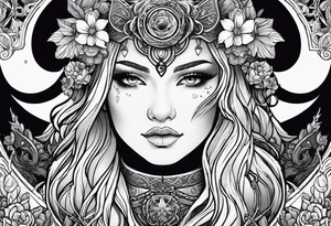 Viking, feminine warrior, bedroom eyes, headshot, princess, round emblem, moon goddess, Gaia, flowers, axes tattoo idea