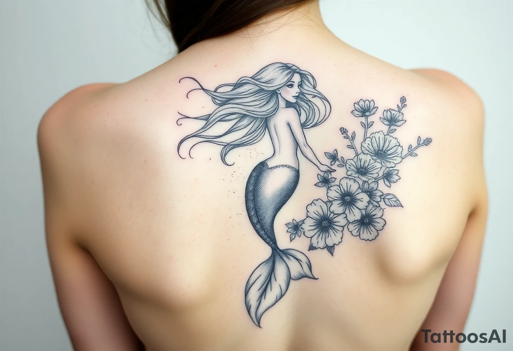 ethereal mermaid with flowing hair among coral and sea flowers tattoo idea