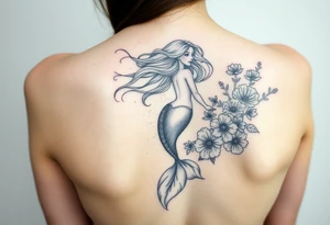 ethereal mermaid with flowing hair among coral and sea flowers tattoo idea