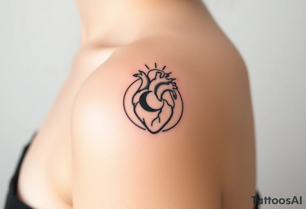 human heart chained up within circle sun with a moon inside tattoo idea