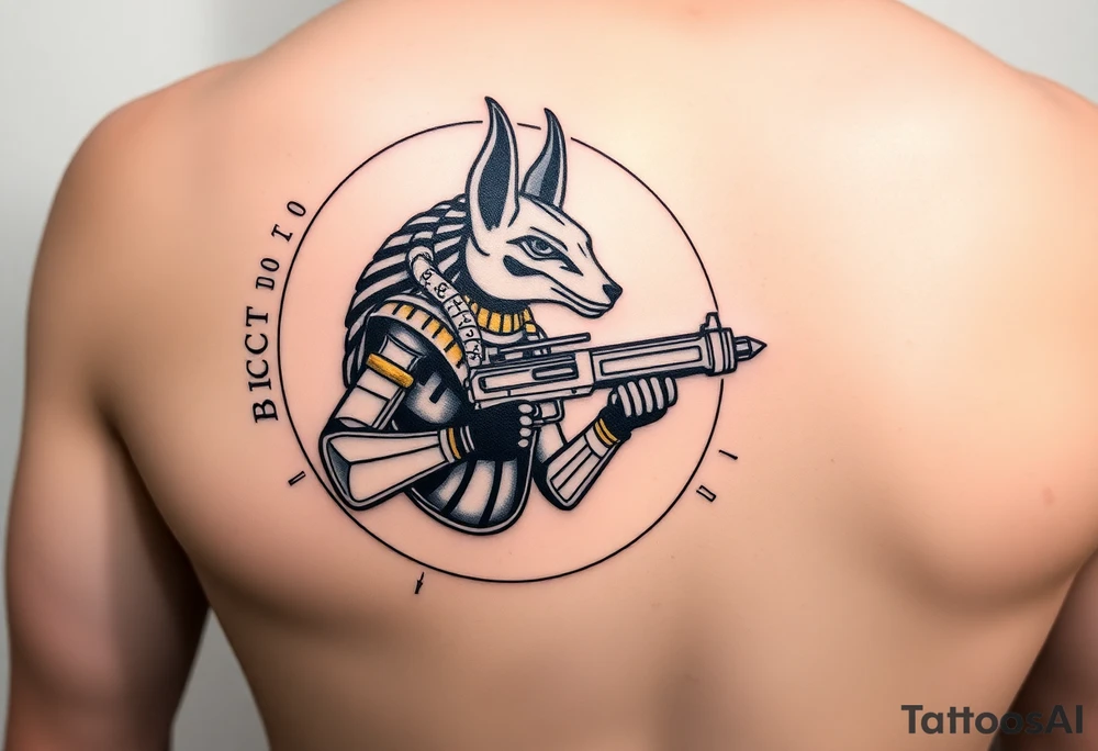 "Anubis in a ufo, holding a tommy gun. His jackal head is half-cyborg (exposed circuits). Hieroglyph background spells 'BTC TO THE MOON'.  

Style: Art Deco meets cyber-Egyptian. Black/red/gold ink. Forearm sleeve." tattoo idea