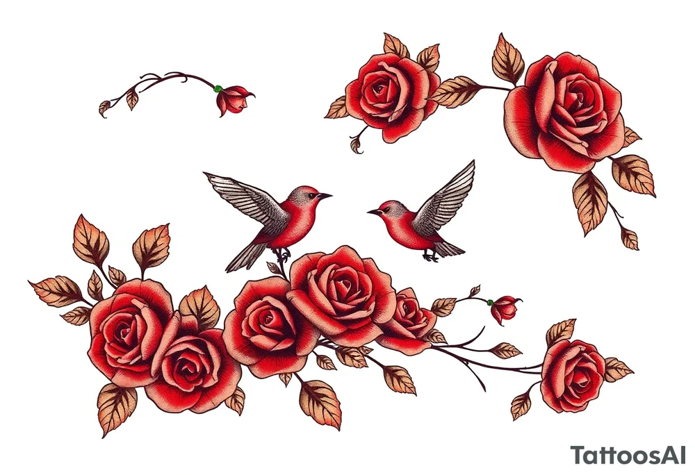 Vintage lace, red roses, red birds, vintage, wrap around, tighter together, no space open tattoo idea