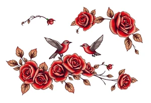 Vintage lace, red roses, red birds, vintage, wrap around, tighter together, no space open tattoo idea