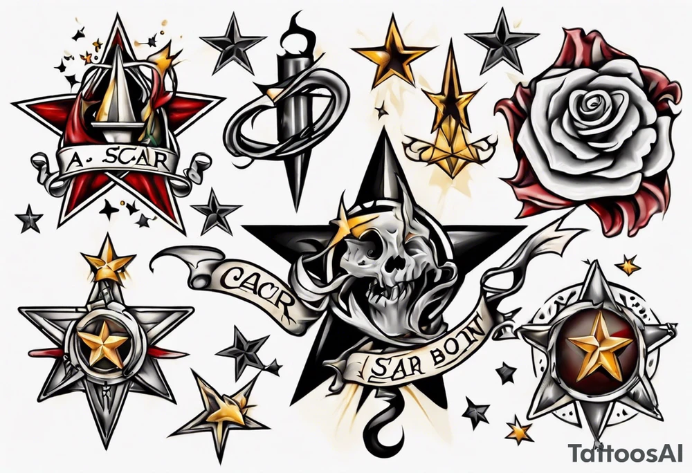 Star with a scar and scroll at the bottom with the words A Scar Is Born tattoo idea