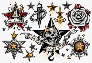 Star with a scar and scroll at the bottom with the words A Scar Is Born tattoo idea