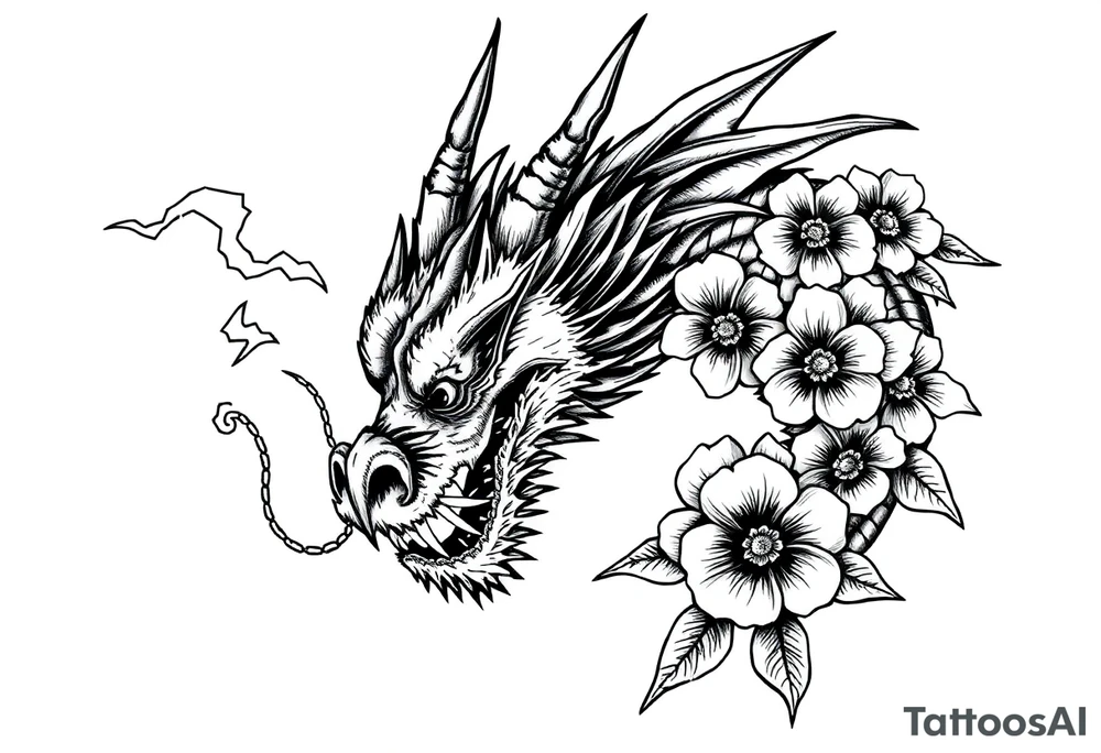 scary dragon with thunders and flowers tattoo idea