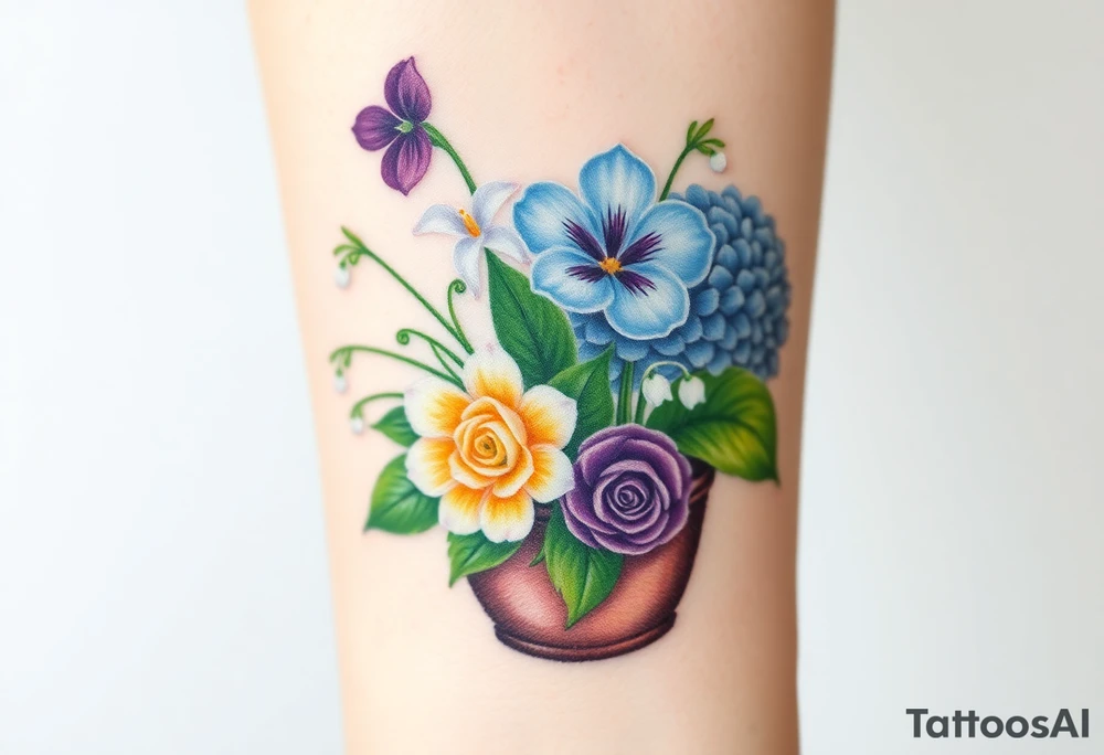 African violet, Daisy, Lily of the valley, Rose, hydrangea in a flower pot. Light color shading tattoo idea