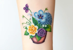 African violet, Daisy, Lily of the valley, Rose, hydrangea in a flower pot. Light color shading tattoo idea