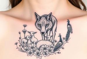 Wolf in sheep's clothing prowling around flower weeds with lambs and goats and peacocks tattoo idea