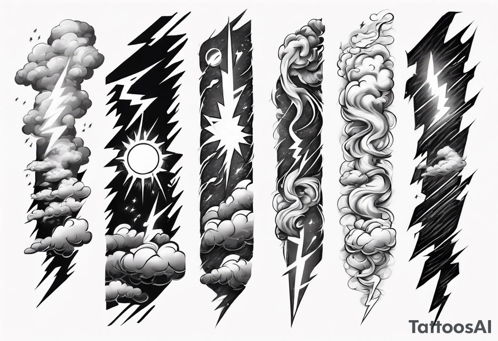 forearm sleeve lightning and clouds pattern tattoo idea