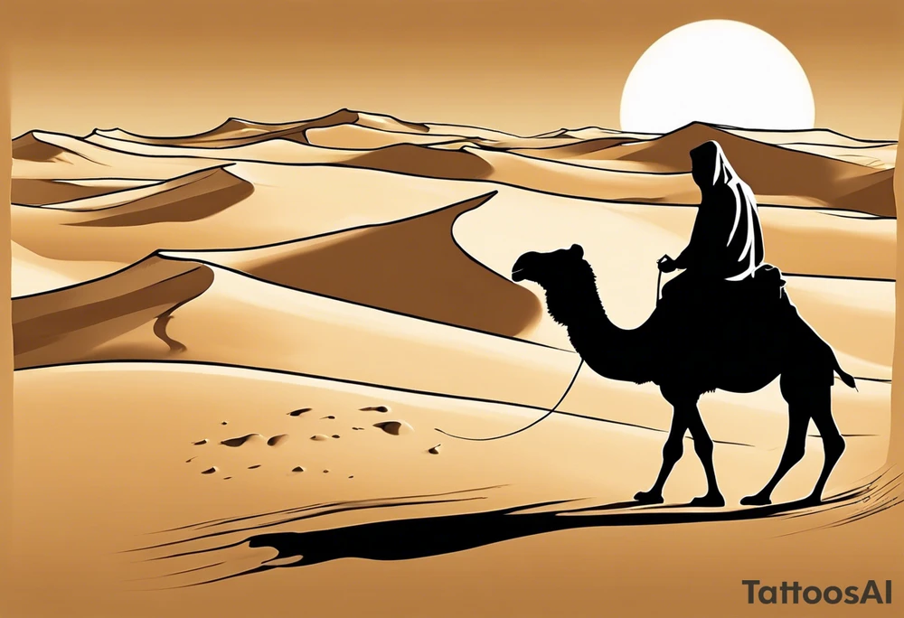 Design a tattoo depicting a distant view of a vast desert landscape with low, undulating sand dunes. Capture a man and his camel moving away, leaving footprints in the sand, both resilient against the harsh environment. The man covers his face with a long cloth, adding a sense of mystery and solitude to the scene. tattoo idea