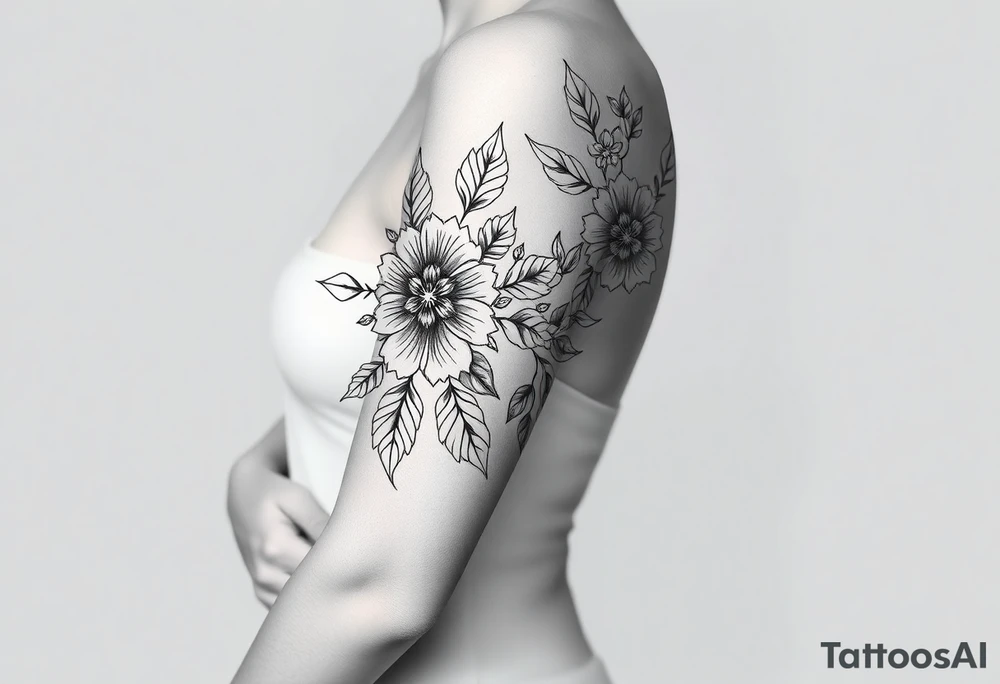 floral composition with japanese vibe, mutiple ornemental patern and leaf tattoo idea