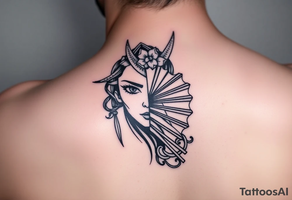 Samurai beauty  girl half face and half
 with a fan across her face tattoo idea