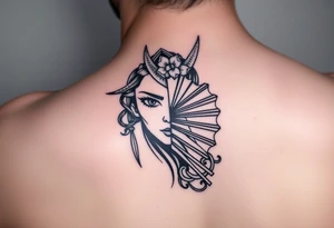 Samurai beauty  girl half face and half
 with a fan across her face tattoo idea
