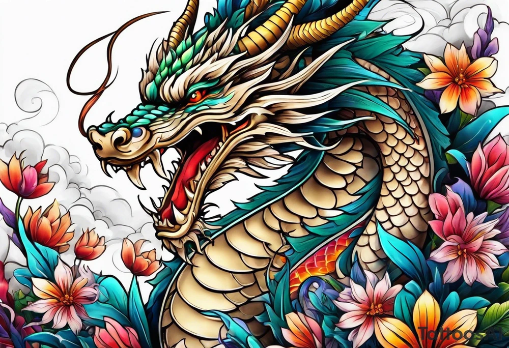 long dragon with colorful flowers tattoo idea