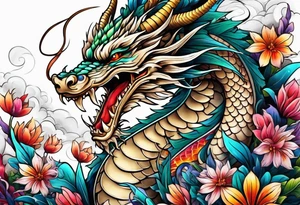 long dragon with colorful flowers tattoo idea
