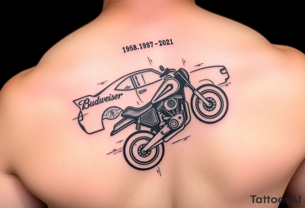 An arm tattoo with Dale Earnhardt car on it with the year 1958 - 2021 intertwined with a motorcycle with a Budweiser logo on it tattoo idea