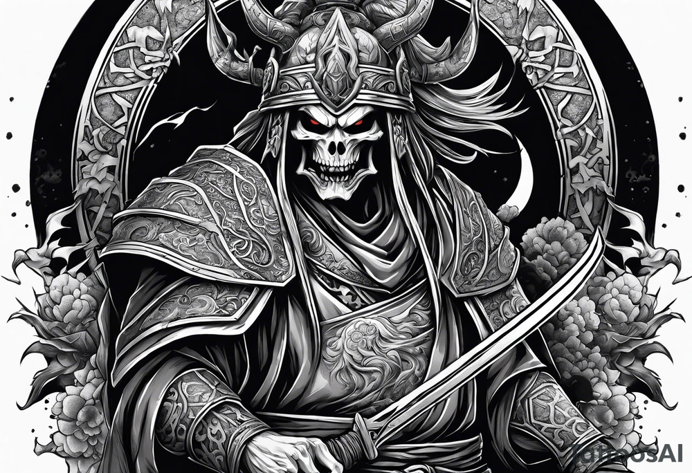 Undead elder lich necromancer standing on the bodies of dead samurai warriors on a battlefield tattoo idea