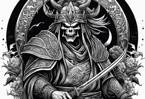 Undead elder lich necromancer standing on the bodies of dead samurai warriors on a battlefield tattoo idea