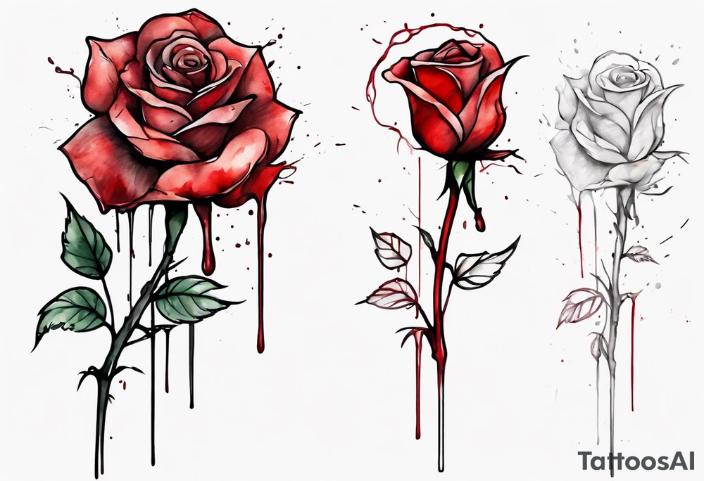 rose flower, one line, red blood dripping from the flower, tall, watercolor, with the Christian cross as the stem tattoo idea
