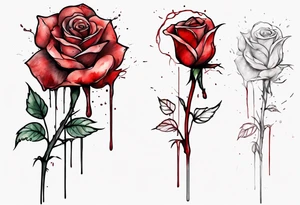 rose flower, one line, red blood dripping from the flower, tall, watercolor, with the Christian cross as the stem tattoo idea