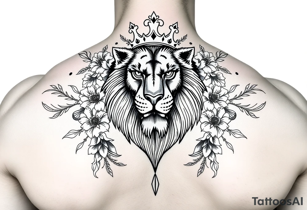 powerful majestic lion with a crown, surrounded by floral ornaments and birds tattoo idea