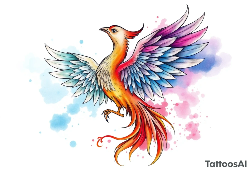 Phoenix rising with nonbinary flag colors blended in watercolor style, transparent background. tattoo idea