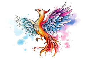 Phoenix rising with nonbinary flag colors blended in watercolor style, transparent background. tattoo idea